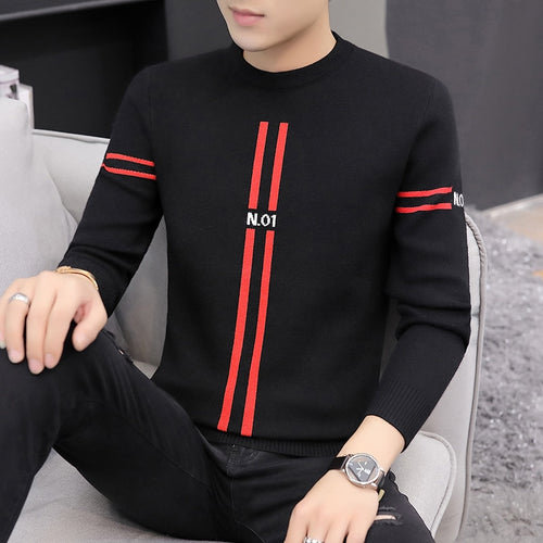 Autumn Winter Fashion Brand Clothing Men Knitted Sweater Thick Stripes Slim Fit Pullover Men 100% Cotton O-Neck Sweaters For Men