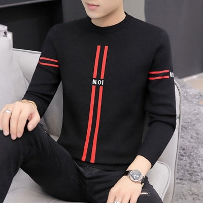 Autumn Winter Fashion Brand Clothing Men Knitted Sweater Thick Stripes Slim Fit Pullover Men 100% Cotton O-Neck Sweaters For Men