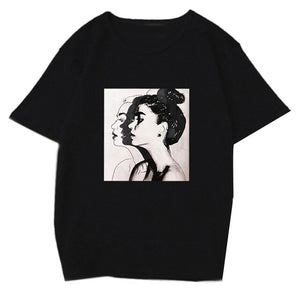 Fashion Summer Women Tshirt Hand-painted Girl Printed O-neck Ladies Clothing Harajuku Slim Fit T-shirt Soft Casual Tops Tee