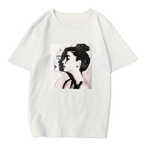 Fashion Summer Women Tshirt Hand-painted Girl Printed O-neck Ladies Clothing Harajuku Slim Fit T-shirt Soft Casual Tops Tee