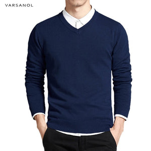 Varsanol Cotton Sweater Men Long Sleeve Pullovers Outwear Man V-Neck sweaters Tops Loose Solid Fit Knitting Clothing 8Colors New