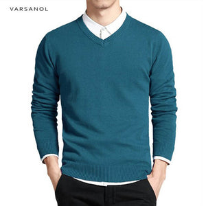 Varsanol Cotton Sweater Men Long Sleeve Pullovers Outwear Man V-Neck sweaters Tops Loose Solid Fit Knitting Clothing 8Colors New