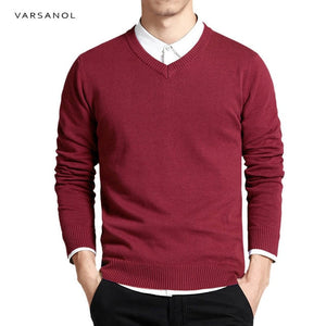 Varsanol Cotton Sweater Men Long Sleeve Pullovers Outwear Man V-Neck sweaters Tops Loose Solid Fit Knitting Clothing 8Colors New