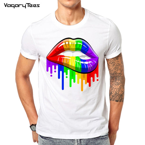 New men Summer Tops Tees Sexy color Lips Painted t shirt Short Sleeve brand fashion round neck tshirt